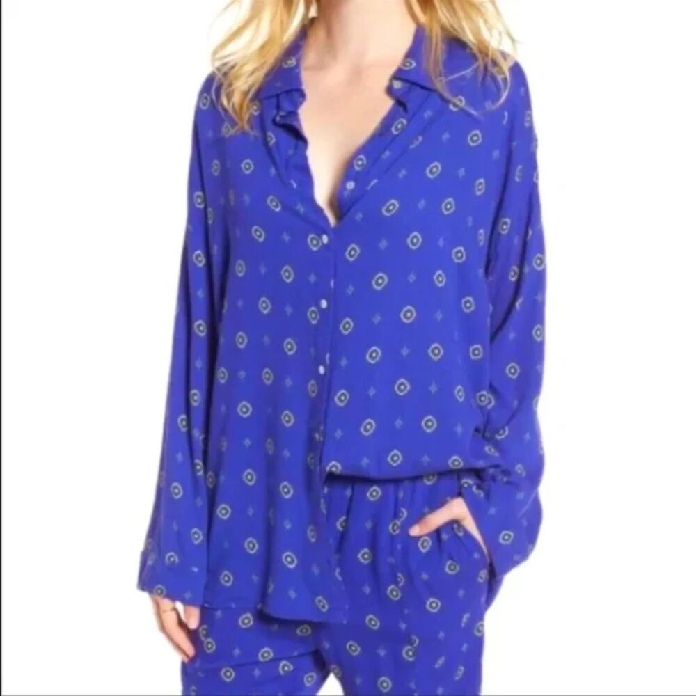 Intimately Free People Blue Medallion Print Button Down Rayon Shirt size M
